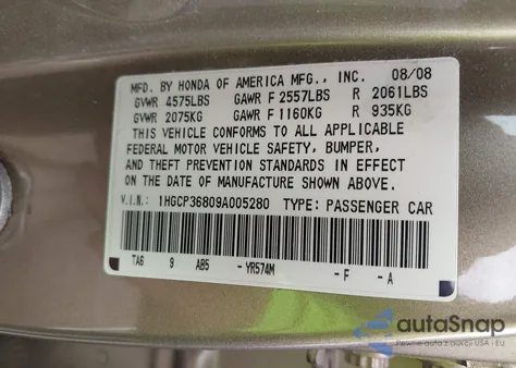 2009 Honda Accord Sdn 3.5 Ex-L/Ex-L z USA, uszkodzony, nr VIN 1HGCP36809A005280